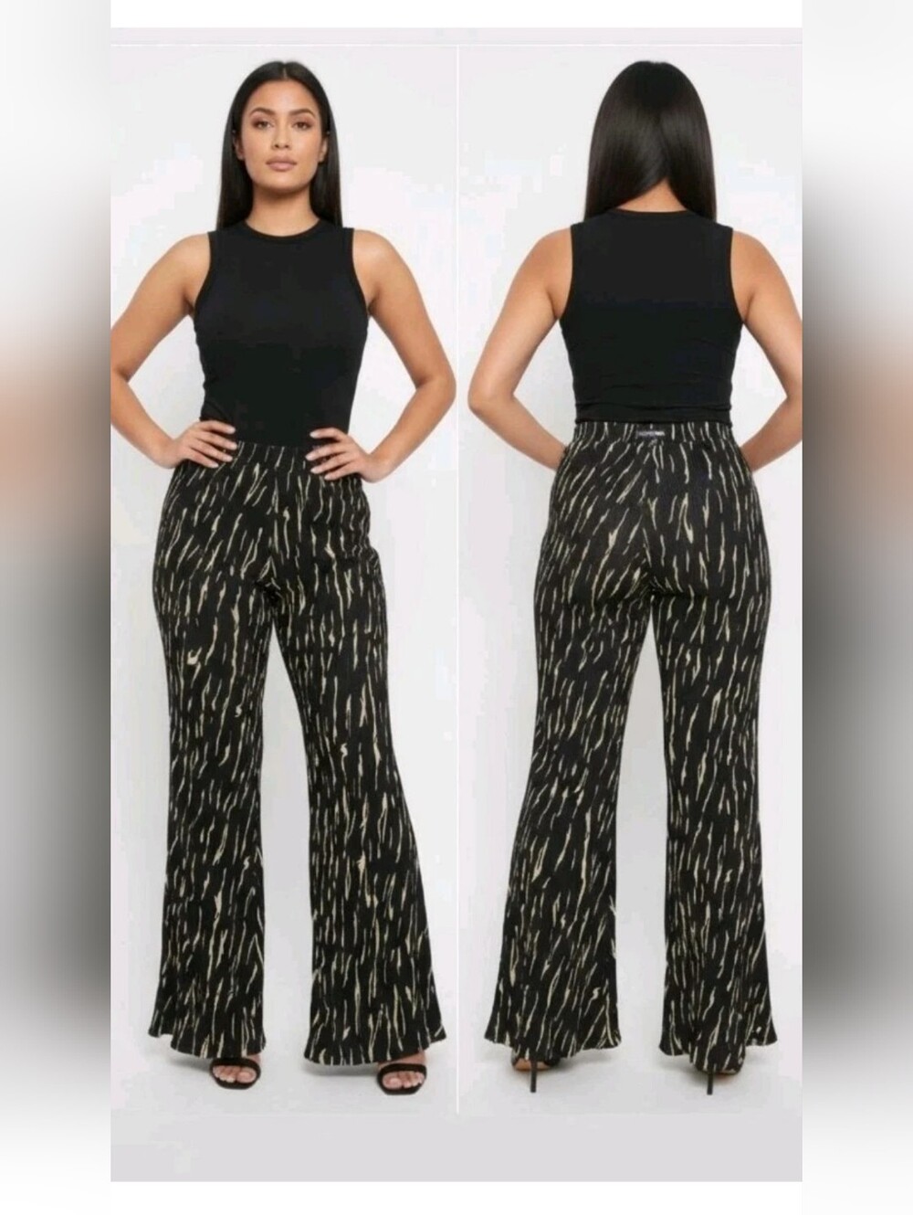 Fashion Nova Plus Size Black & Cream Wide Leg Pants 2X Elastic Waist Pulll On